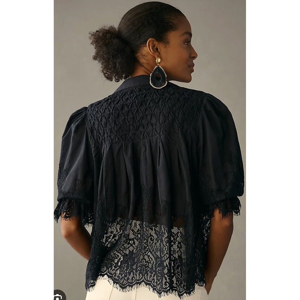 Anthropologie Black Lace Trim Smocked Button Down Blouse XL Boho Top